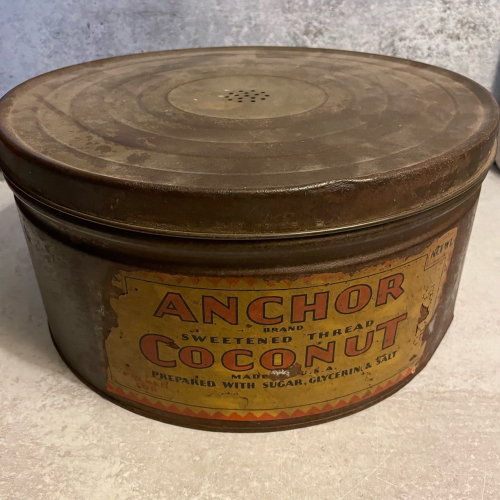 Vintage anchor coconut food storage tin advertising primitive 10 lbs.